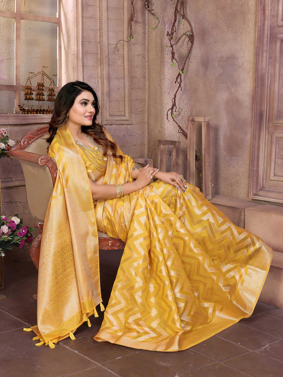 Aastha Fashion Yellow Soft Organza Silk Weaving Saree | Grocsy
