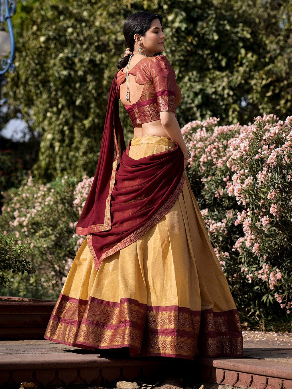 Evanik Women South-Style Kanchipuram Silk Stitched Lehenga With Unstitched Blouse & Dupatta | Grocsy