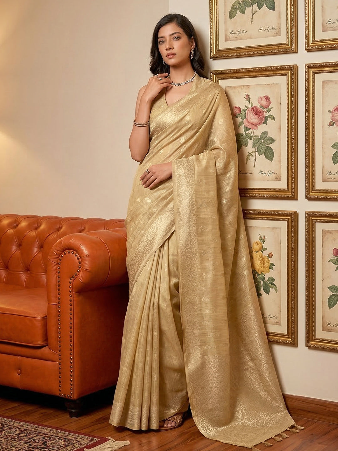 Anaita Cream Woven Tissue Silk Saree With Blouse | Grocsy