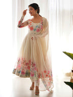 Evanik Cream Soft Organza Silk With Floral Print Fully Flared Anarkali Pant With Dupatta Set | Grocsy