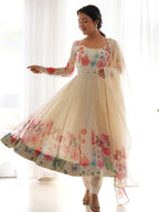 Evanik Cream Soft Organza Silk With Floral Print Fully Flared Anarkali Pant With Dupatta Set | Grocsy