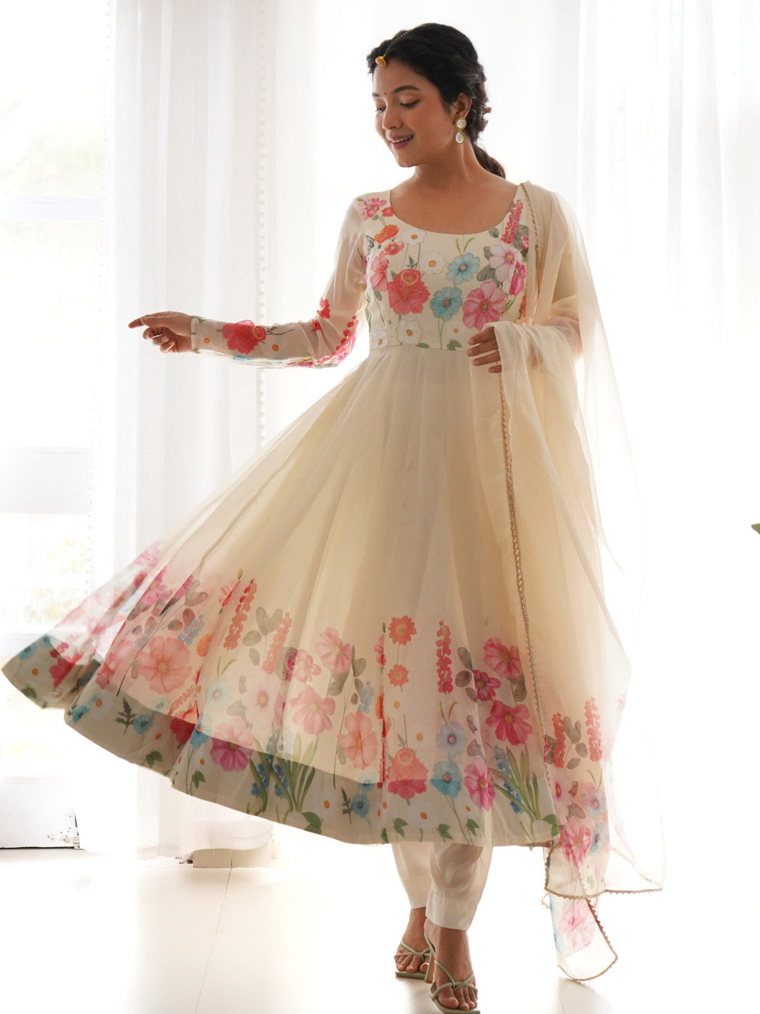 Evanik Cream Soft Organza Silk With Floral Print Fully Flared Anarkali Pant With Dupatta Set | Grocsy