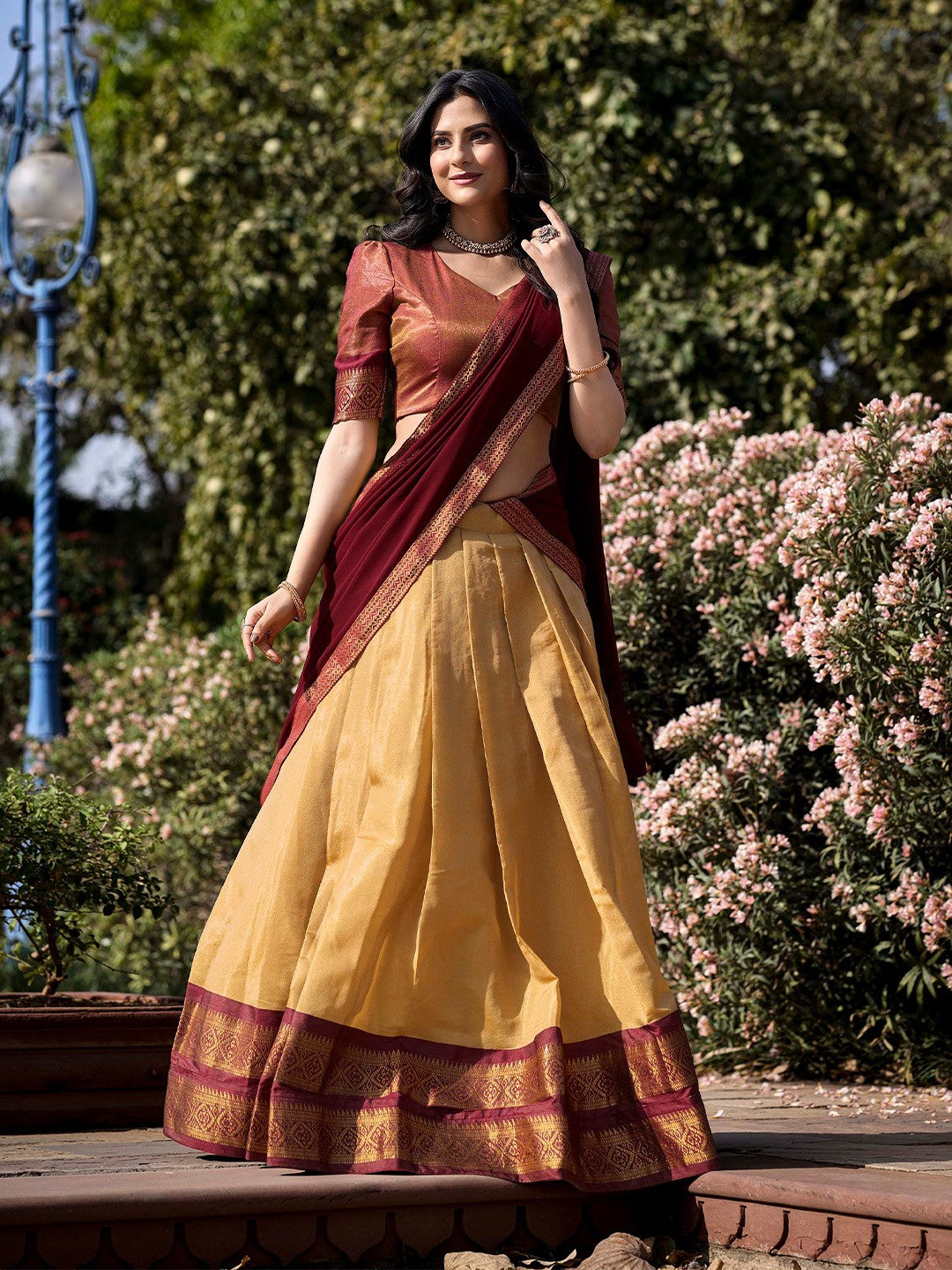 Lorenvalley Cream Kanchipuram Zari Weaving Work Lehenga Choli with Dupatta | Grocsy