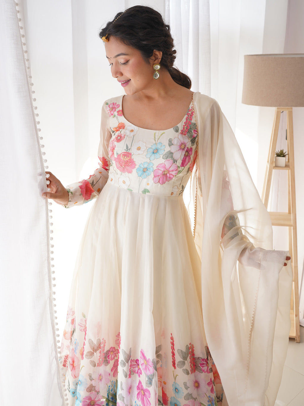 Evanik Cream Soft Organza Silk With Floral Print Fully Flared Anarkali Pant With Dupatta Set | Grocsy