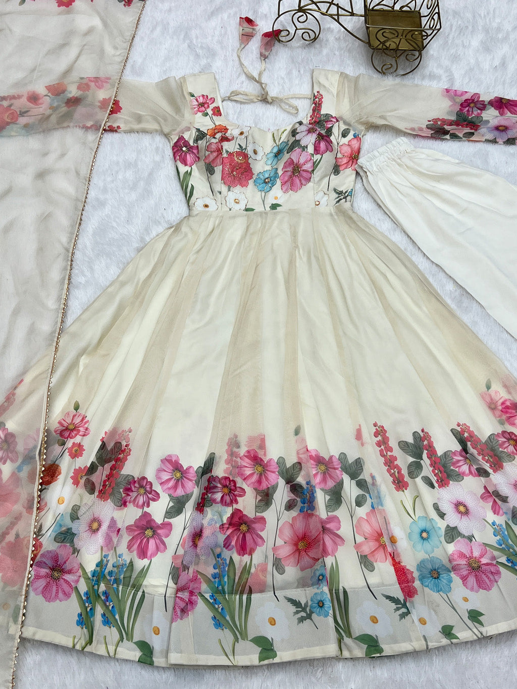 Evanik Cream Soft Organza Silk With Floral Print Fully Flared Anarkali Pant With Dupatta Set | Grocsy