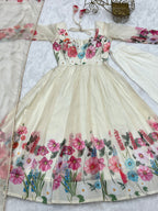 Evanik Cream Soft Organza Silk With Floral Print Fully Flared Anarkali Pant With Dupatta Set | Grocsy