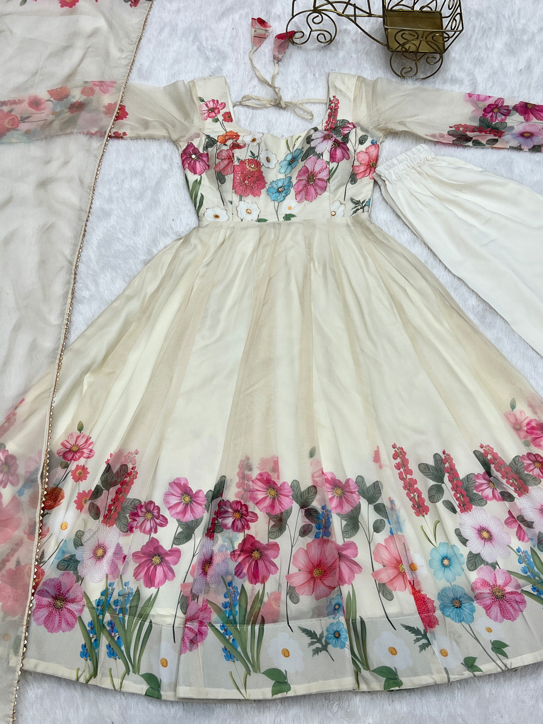 Evanik Cream Soft Organza Silk With Floral Print Fully Flared Anarkali Pant With Dupatta Set | Grocsy