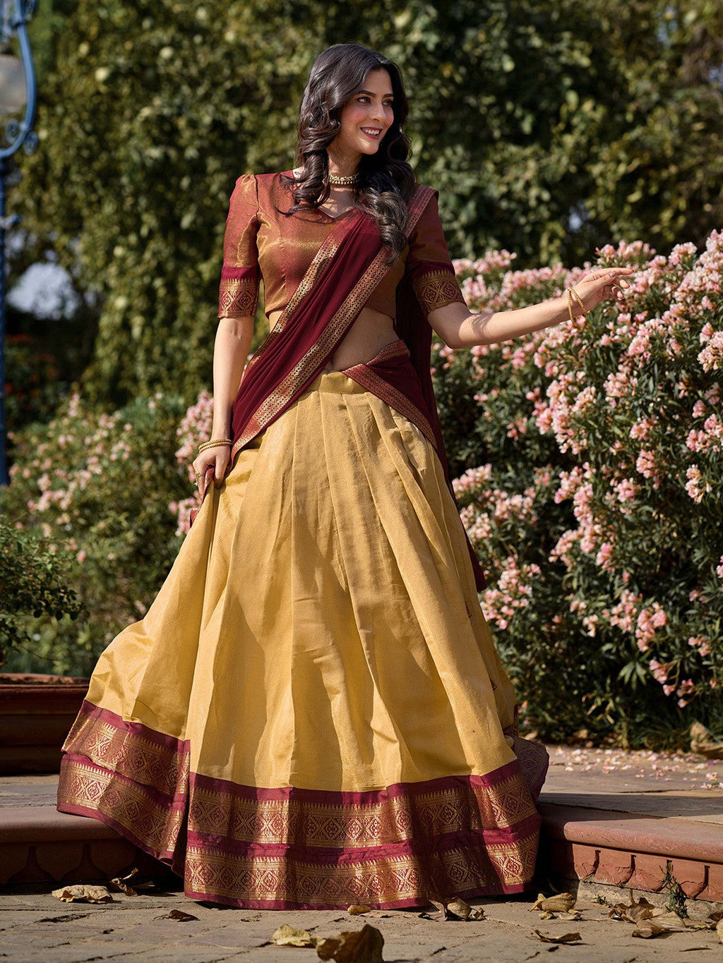 Lorenvalley Cream Kanchipuram Zari Weaving Work Lehenga Choli with Dupatta | Grocsy