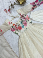 Evanik Cream Soft Organza Silk With Floral Print Fully Flared Anarkali Pant With Dupatta Set | Grocsy