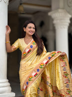 Mameraa Sarees Cream Faux Banarasi Silk Saree With Paithani Rich Weaved Pallu And Blouse-Cream | Grocsy
