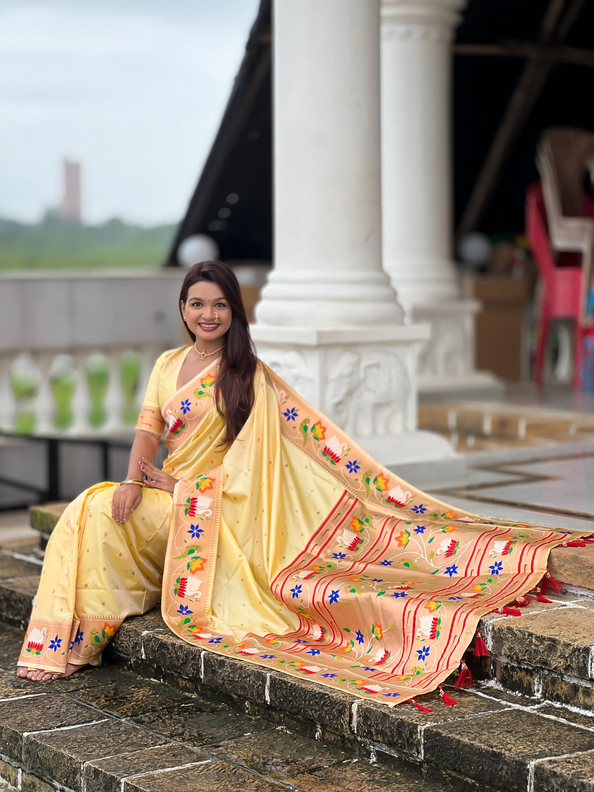Mameraa Sarees Cream Faux Banarasi Silk Saree With Paithani Rich Weaved Pallu And Blouse-Cream | Grocsy