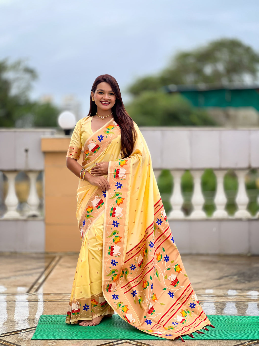 Mameraa Sarees Cream Faux Banarasi Silk Saree With Paithani Rich Weaved Pallu And Blouse-Cream | Grocsy