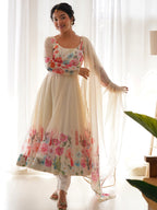 Evanik Cream Soft Organza Silk With Floral Print Fully Flared Anarkali Pant With Dupatta Set | Grocsy