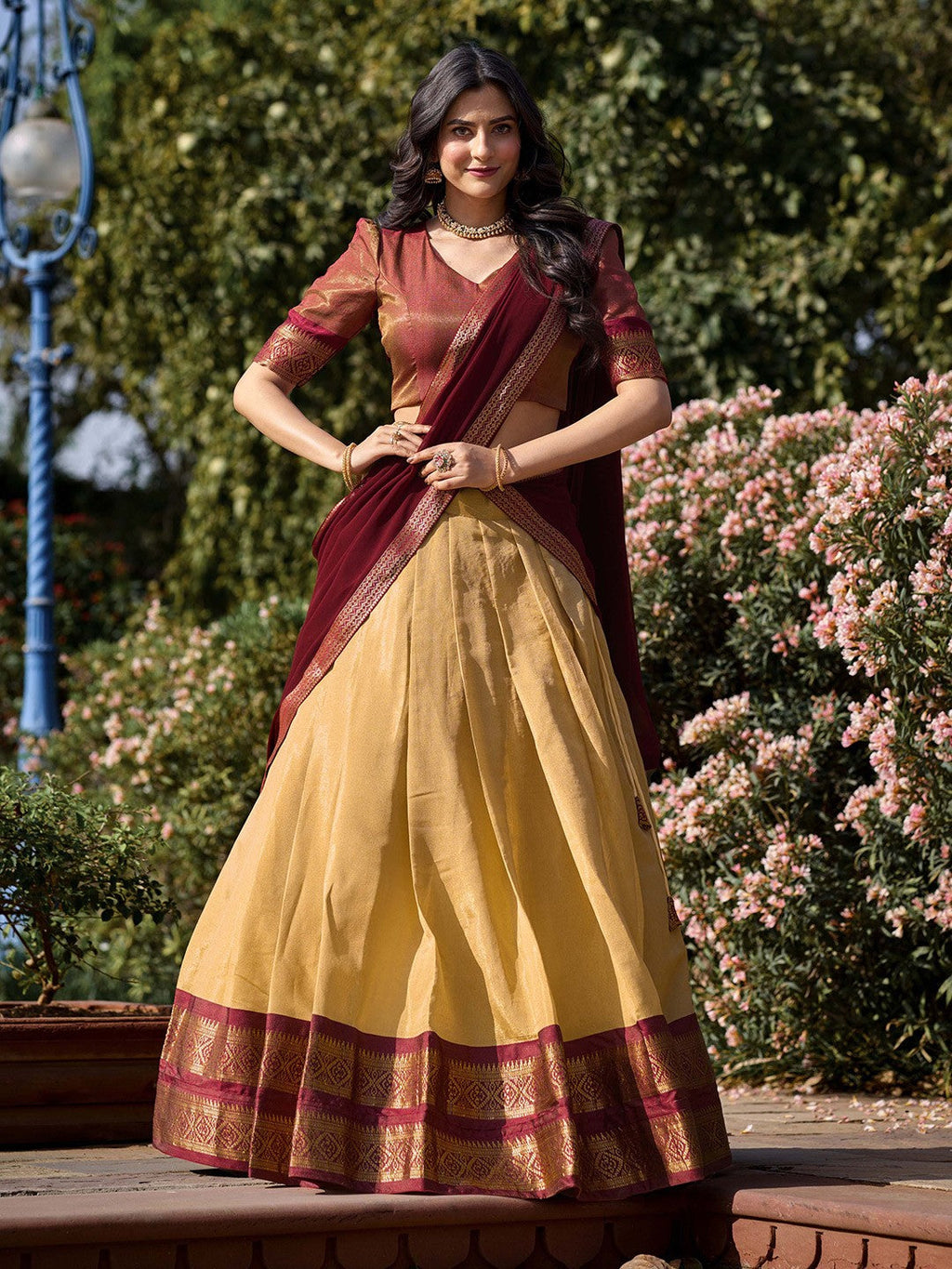 Lorenvalley Cream Kanchipuram Zari Weaving Work Lehenga Choli with Dupatta | Grocsy