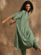 trueBrowns Light Green Bandhani Printed Silk Oversized Kurta Pant Set | Grocsy