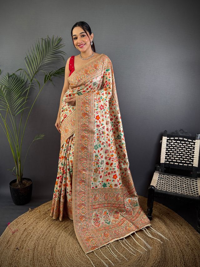 Elora Cream Pashmina Silk Meenakari Weaving Madhubani Design Kashmiri Saree | Grocsy