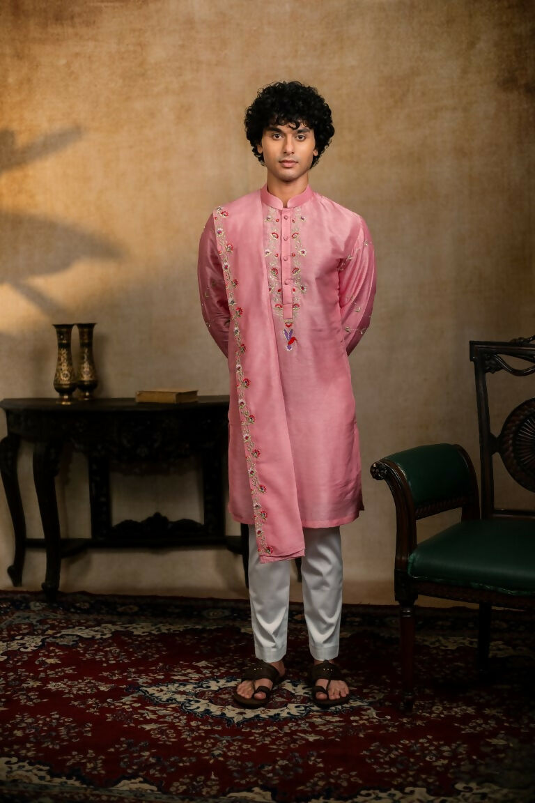 Falling Raw Silk Pink Gulab Pakshi Kurta Set By Hilo Design | Grocsy
