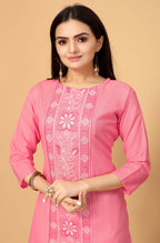 Light Pink Cottan Slub Embroidery Kurti - Umi | Grocsy