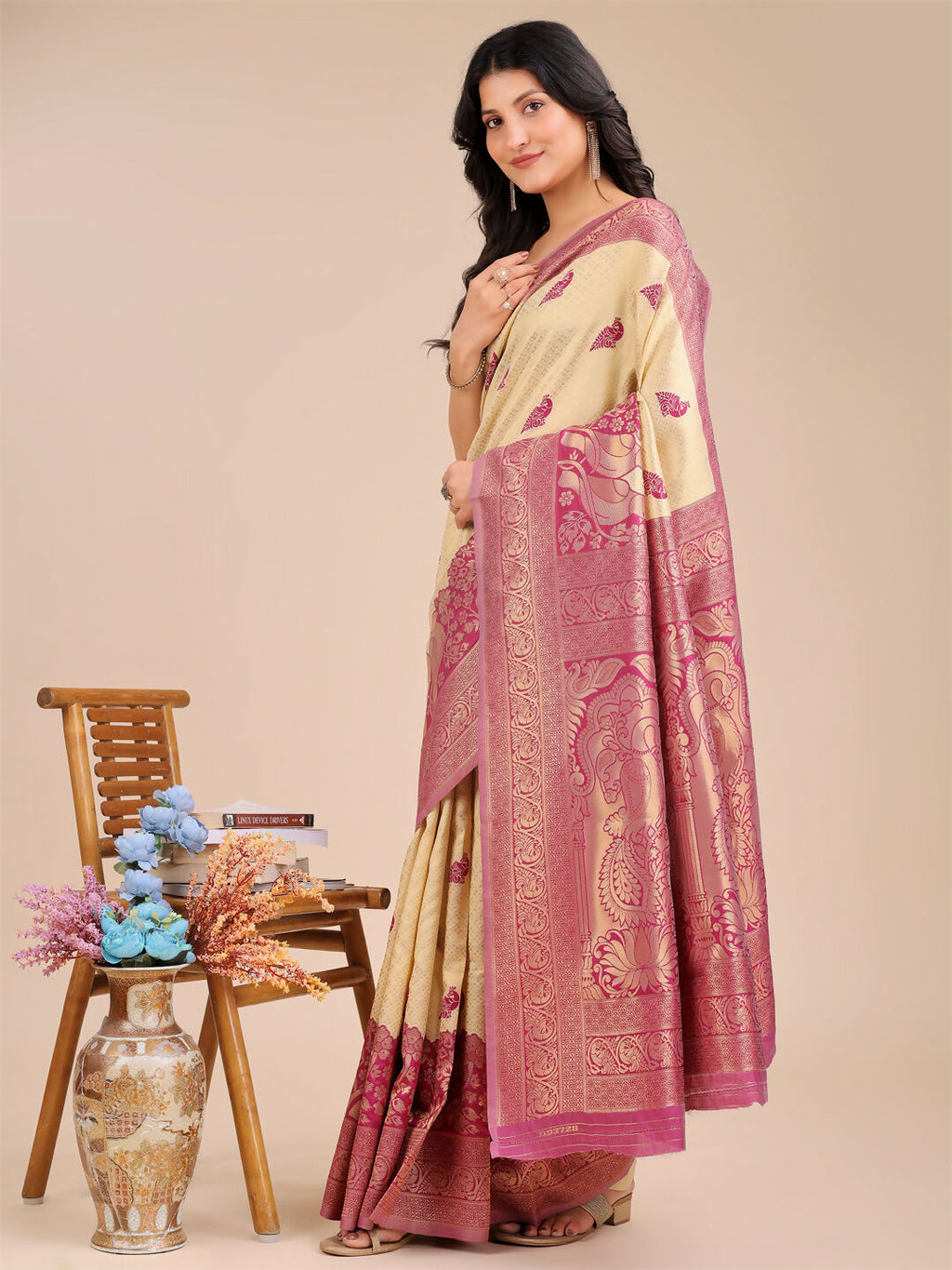 Shree Shyam Fashion Banarasi Silk Cream & Magenta Saree | Grocsy