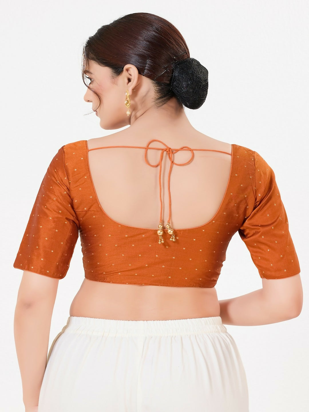 Joban Fashion Rust Taffeta Silk Elbow Sleeveless Front Open Blouse | Grocsy