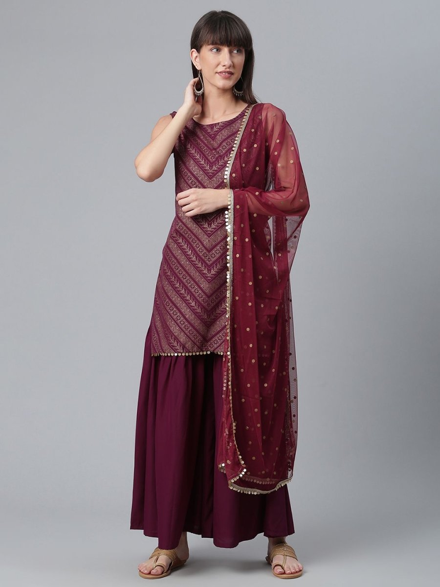 Ahalyaa Wine Crepe Glitter Print Kurta with Sharara and dupatta Set | Grocsy