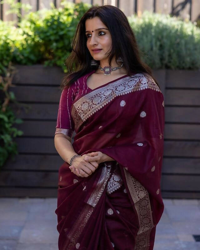 DEIANA'S Beautiful Designer Golden zari Soft Cotton Saree - Wine | Grocsy