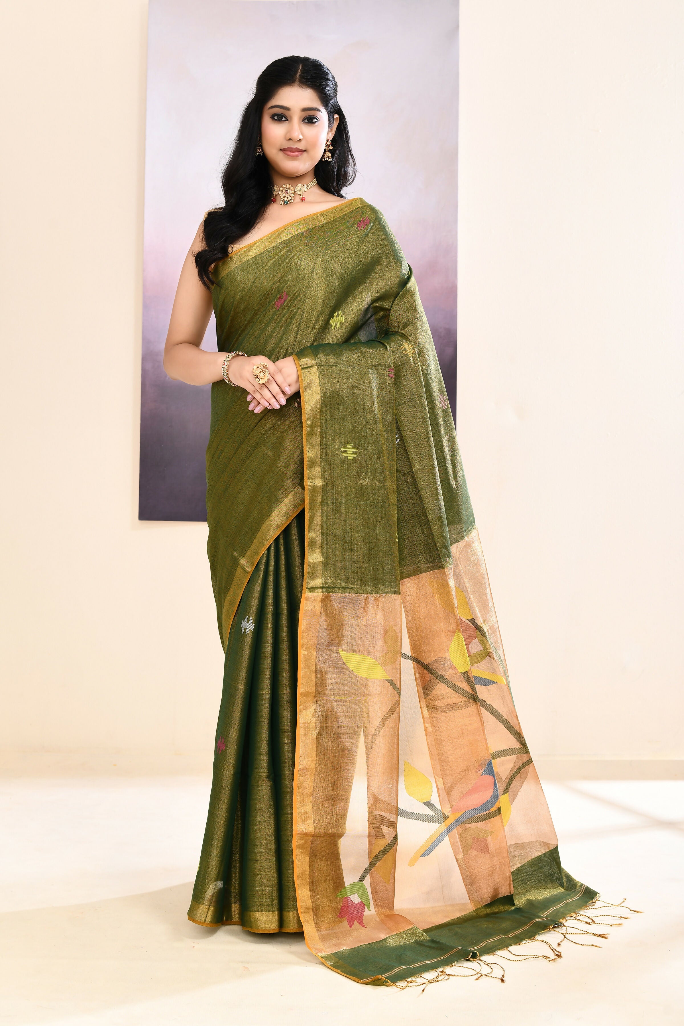 Piyari Fashion Women's Moss Green Embellished Tissue Jamdani Saree | Grocsy