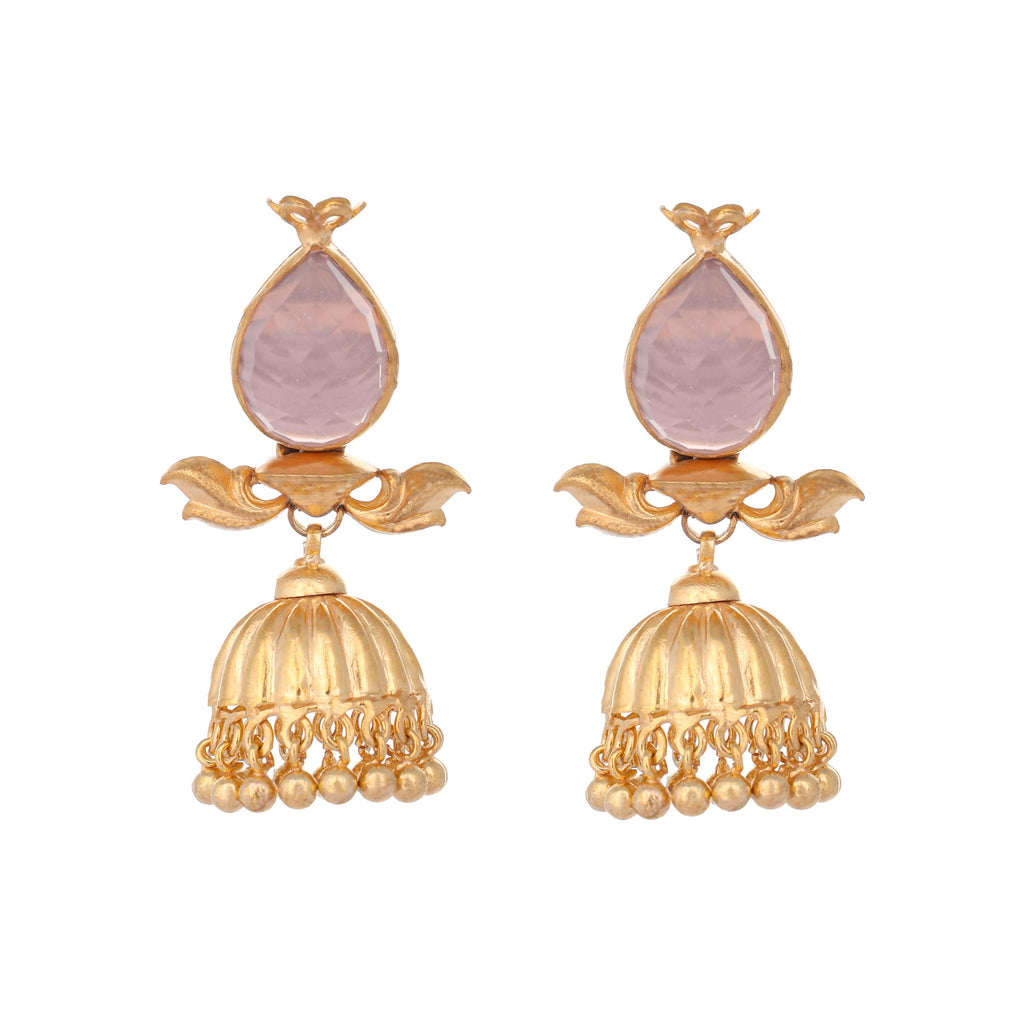 Nuyug 22K Gold Plated Rose Quartz Stone Studded Ethnic Jhumkas | Grocsy