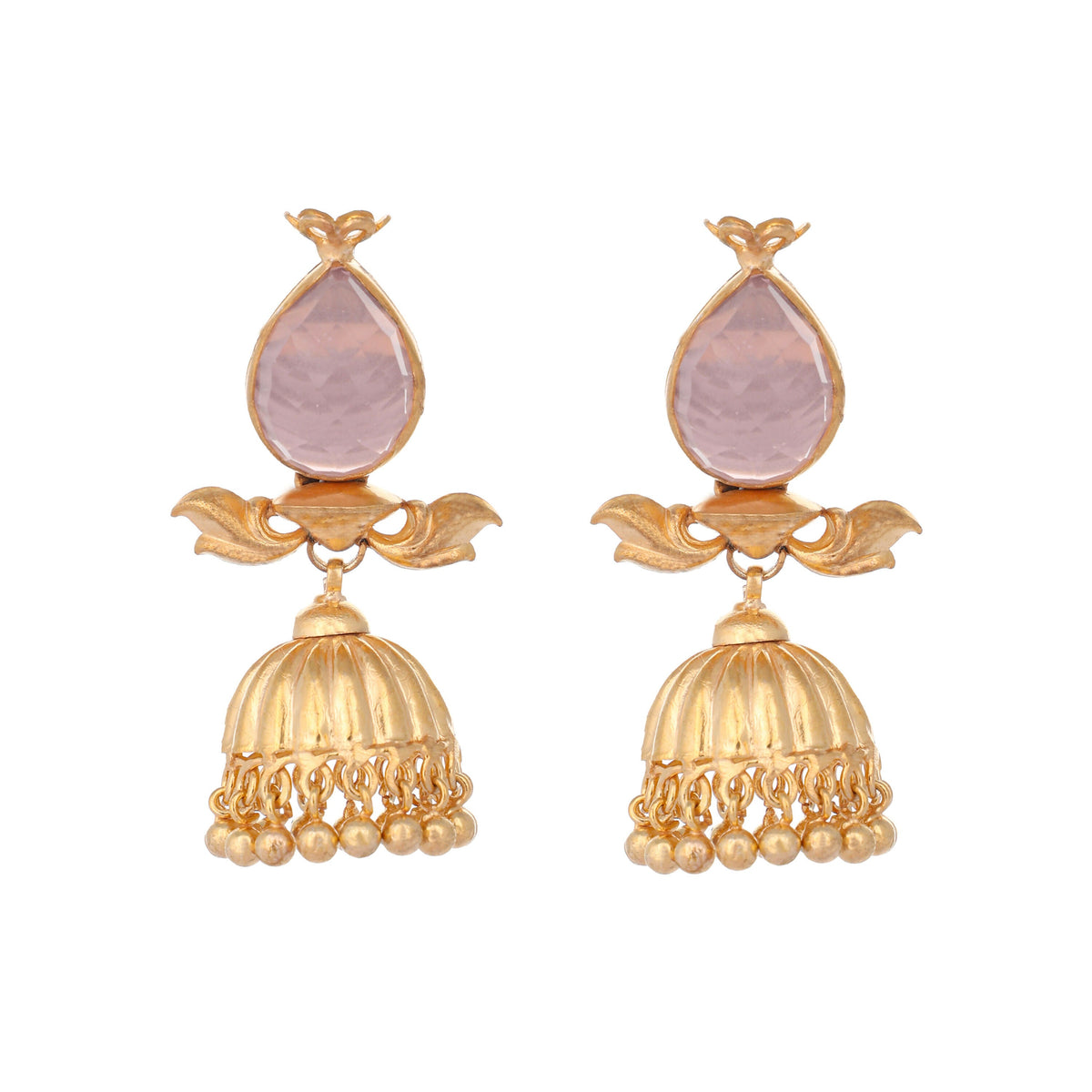 Nuyug 22K Gold Plated Rose Quartz Stone Studded Ethnic Jhumkas | Grocsy