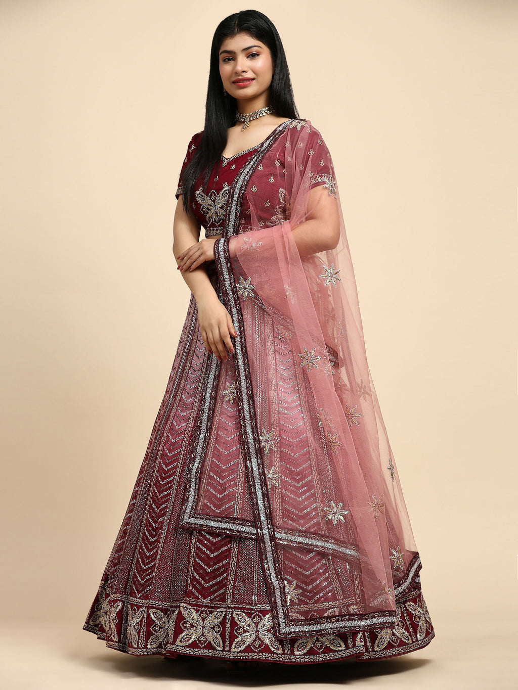 Maroon Fancy Net Sequence Embroidered Lehenga Choli with Dupatta - Dhara | Grocsy