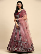Maroon Fancy Net Sequence Embroidered Lehenga Choli with Dupatta - Dhara | Grocsy