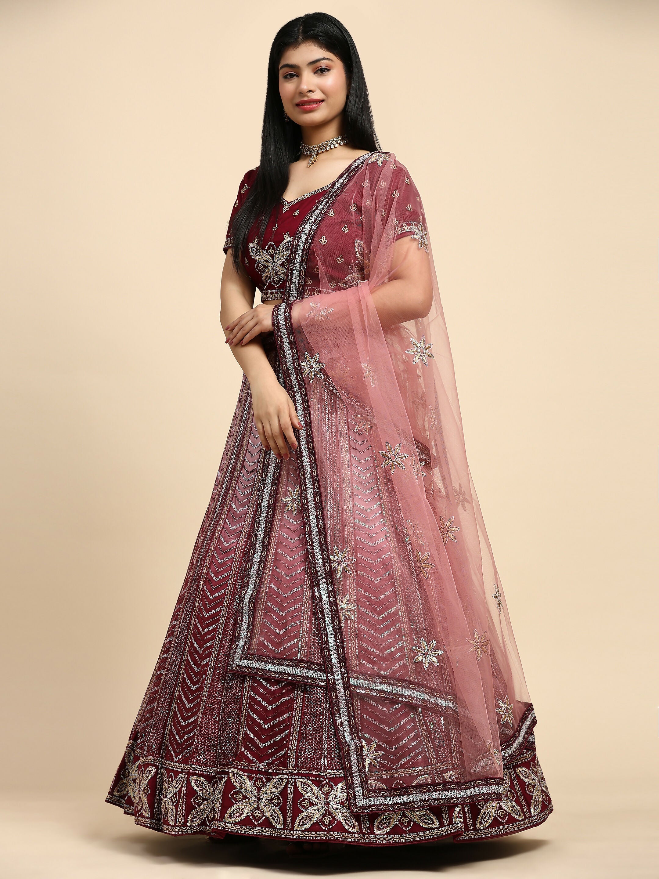 Maroon Fancy Net Sequence Embroidered Lehenga Choli with Dupatta - Dhara | Grocsy
