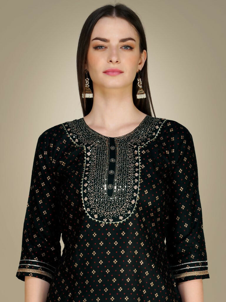 Jyoti Fashion Women's Black Cotton Magic Slub Embroidery & Sequence work Kurta with Trouser & Dupatta | Grocsy