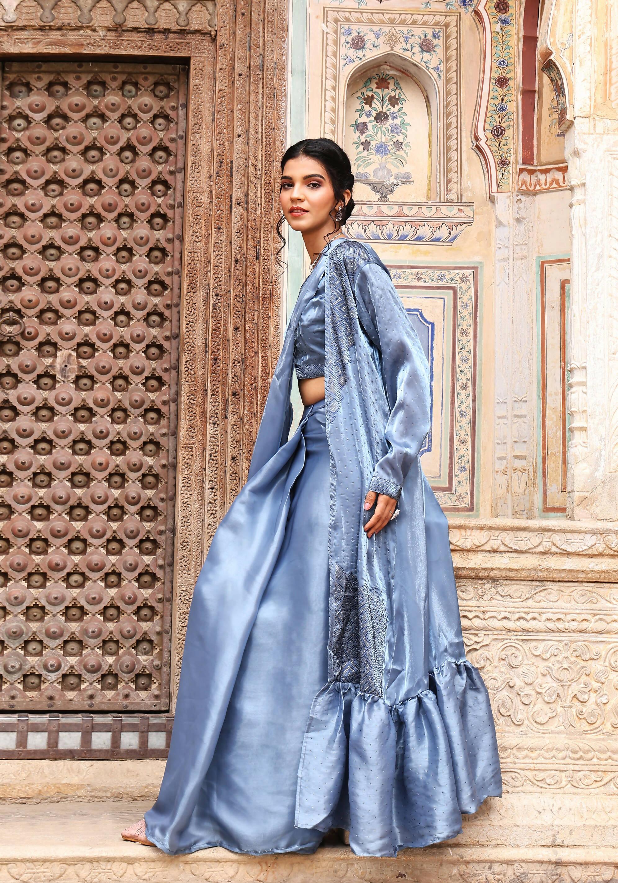 Sky Blue Tom Silk Plain Ready To Wear Saree With Stitched Blouse - Satiksha | Grocsy