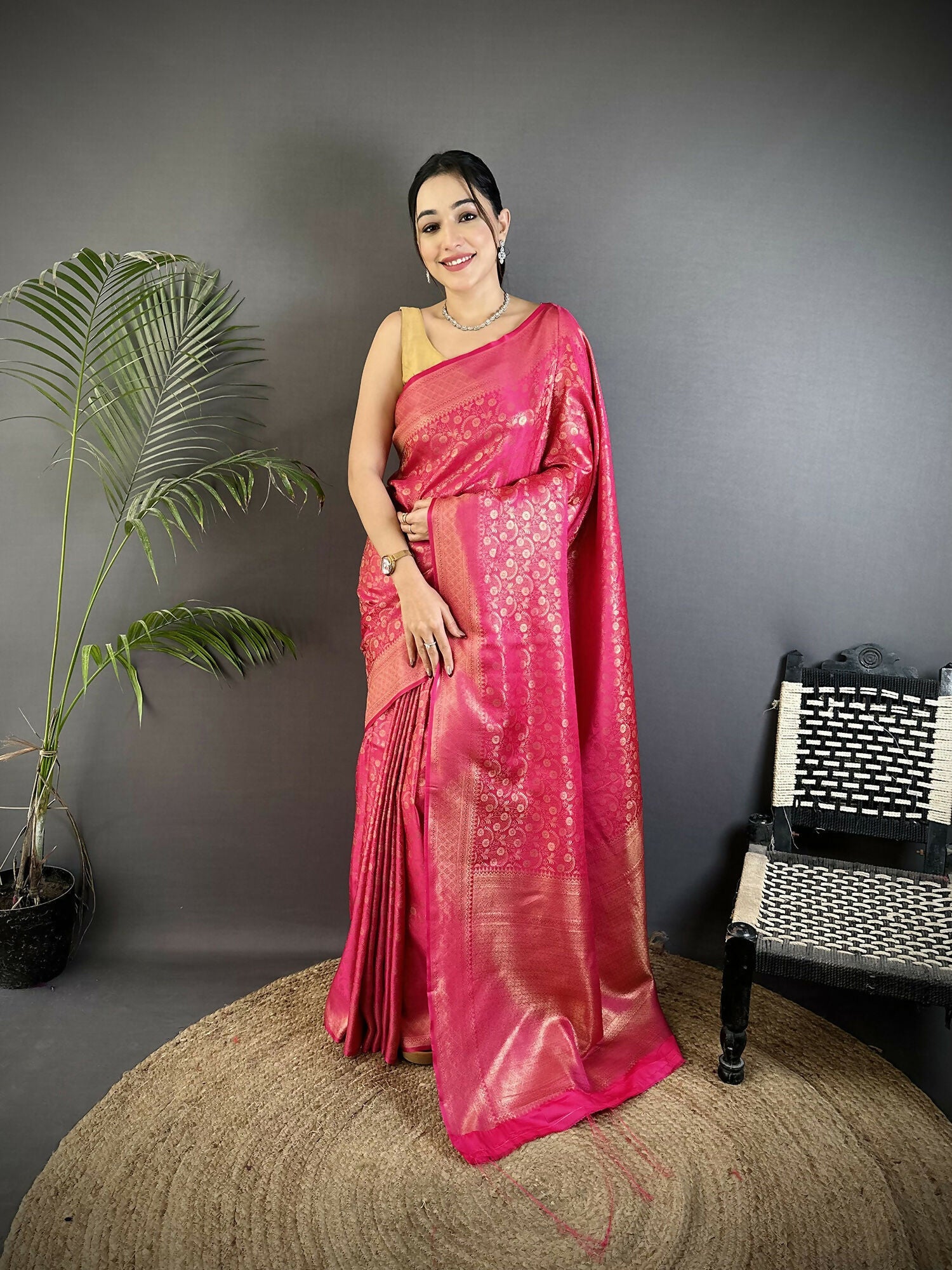 Joban Fashion Rani Pink Floral & Paisley Motifs Soft Satin Silk Banarasi Saree | Grocsy