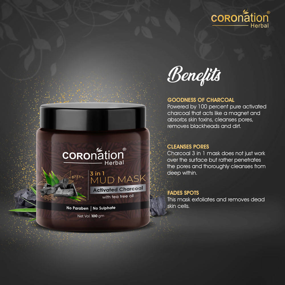 Coronation Herbal Activated Charcoal 3 in 1 Mud Mask with Tea Tree Oil | Grocsy
