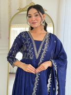 The52 Blue Women's Beautiful Embroidered Vichitra Silk Fabric with Flared Kurta, Pant and Dupatta Set | Grocsy