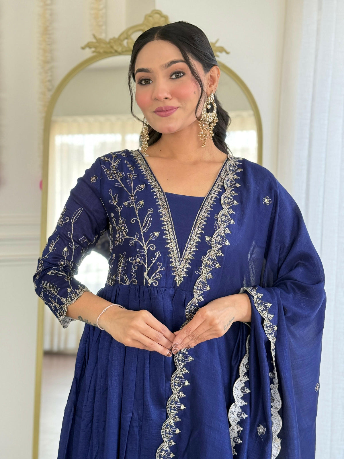 The52 Blue Women's Beautiful Embroidered Vichitra Silk Fabric with Flared Kurta, Pant and Dupatta Set | Grocsy