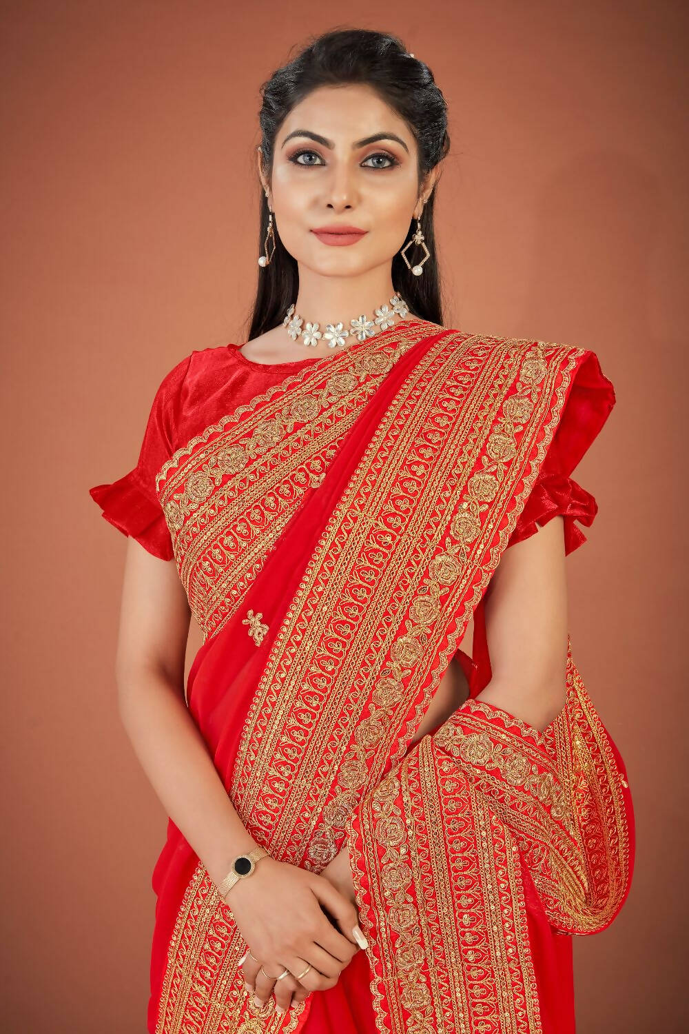 Vamsee Red Organza Saree | Grocsy