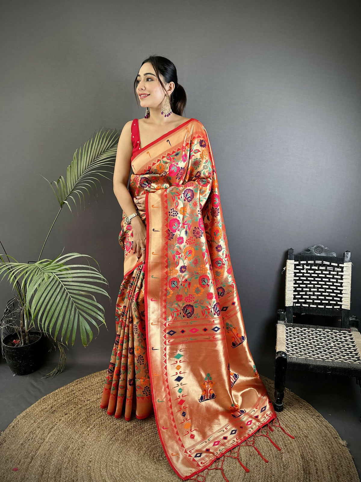 Joban Fashion Orange Floral & Potentially Peacock Soft Silk Paithani Saree | Grocsy