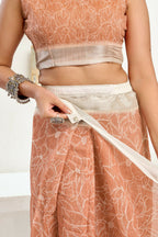 Joban Fashion Rust Brown Floral Linen Ready To Wear Saree With Unstitched Blouse | Grocsy