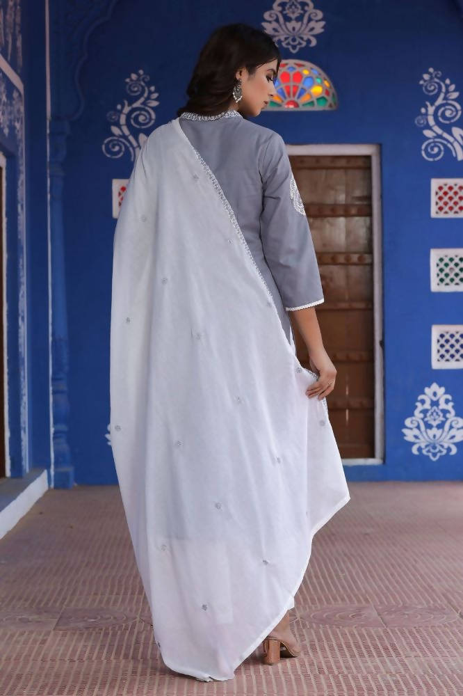 Yufta Kurta Women Grey & White Embroidered Kurta with Palazzo & Dupatta | Grocsy