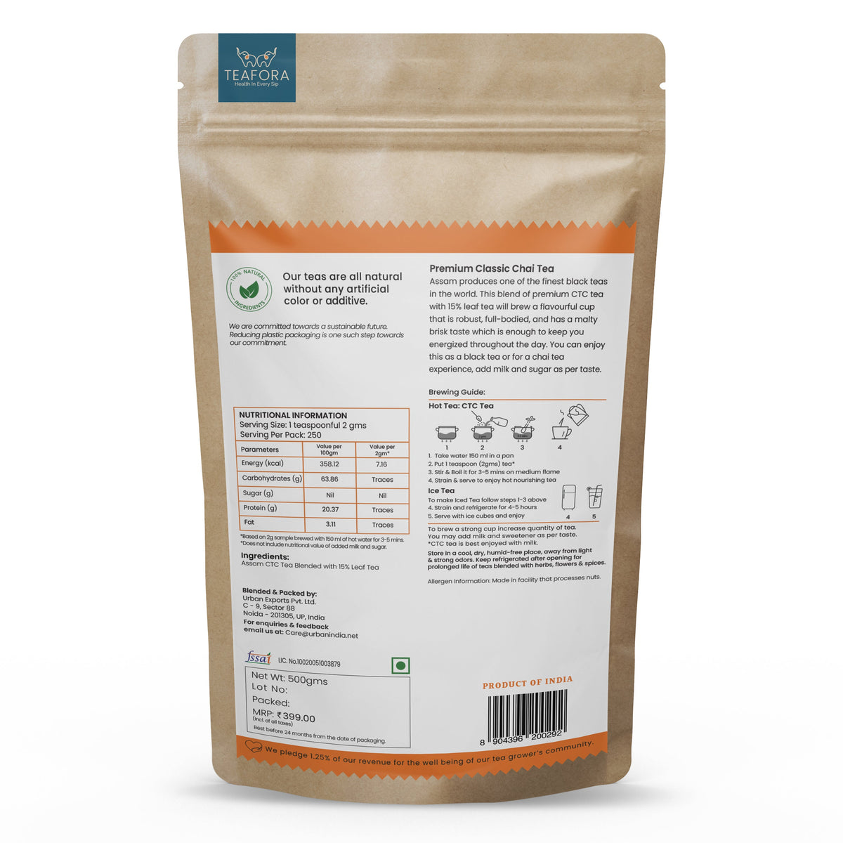 TEAFORA Premium Classic Black Tea | Full Bodied, Strong Assam CTC Tea Blended with 15% Whole Black Tea Leaves| Rejuvenating Everyday Chai Tea | Grocsy