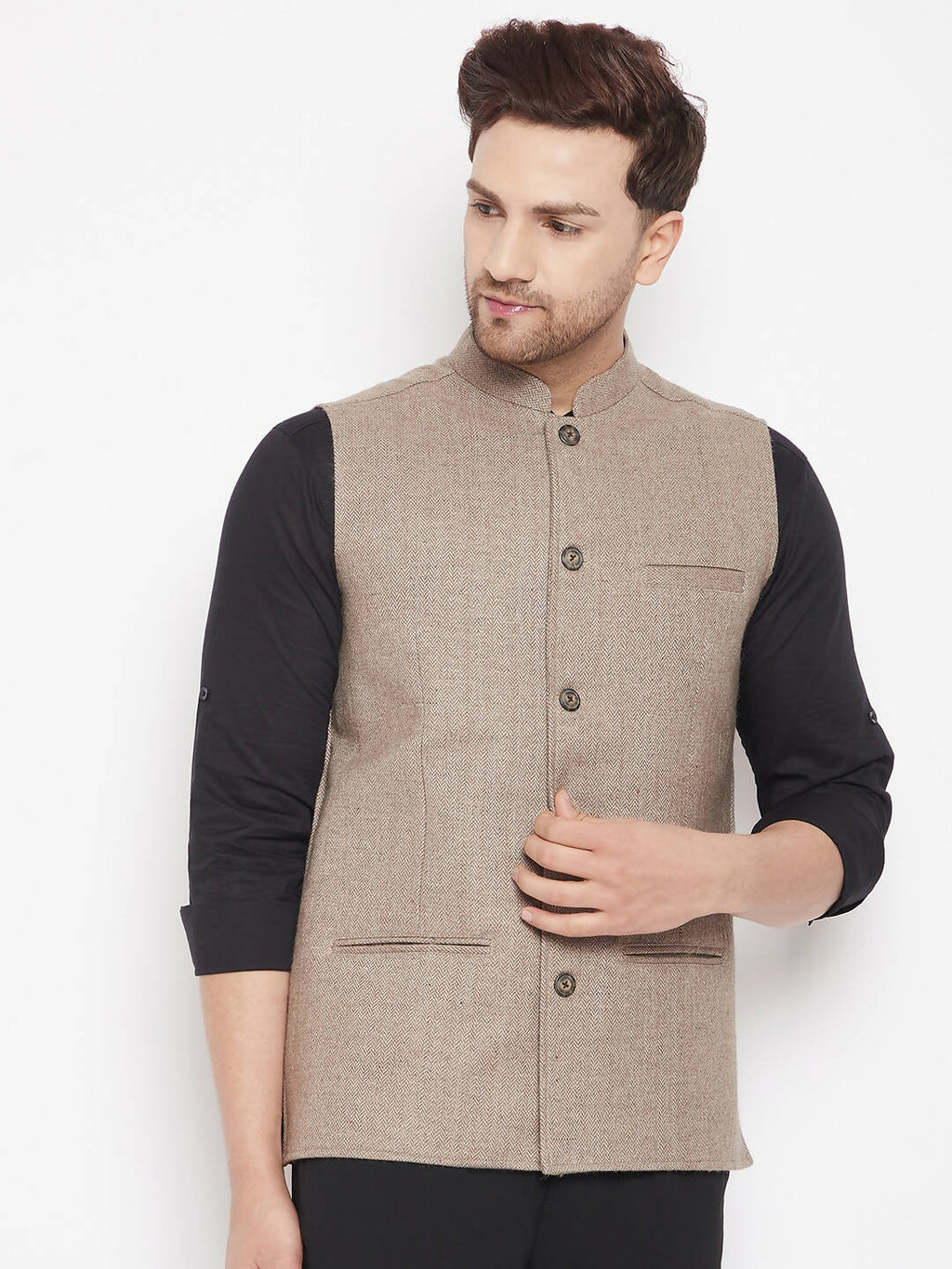 Even Apparels Beige Wool Men Woven Nehru Jacket | Grocsy
