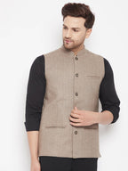 Even Apparels Beige Wool Men Woven Nehru Jacket | Grocsy