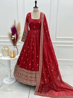 The52 Women's Beautiful Embroidery Work Crunchy Silk Fabric Flared Anarkali and Dupatta Set | Grocsy