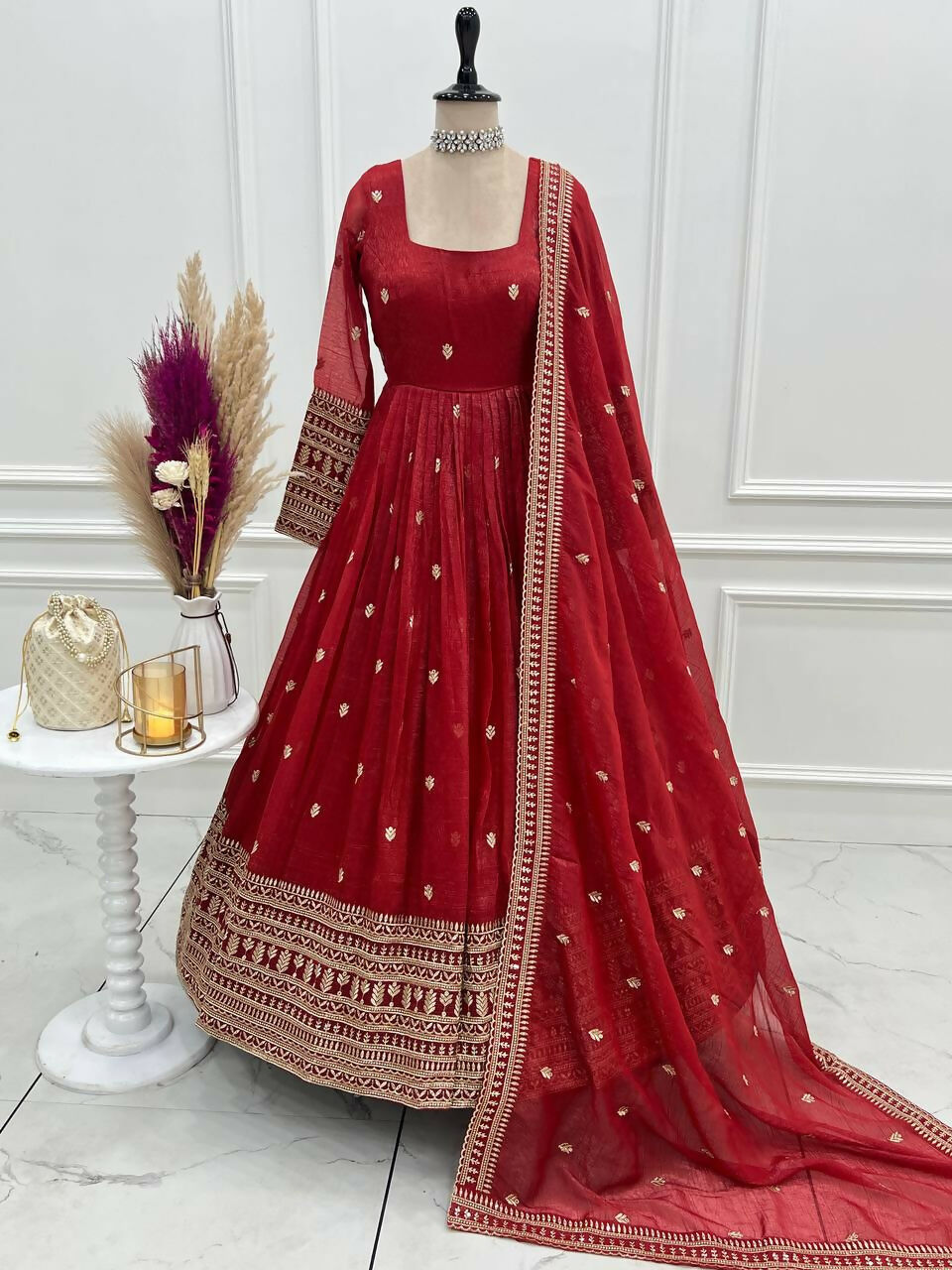The52 Women's Beautiful Embroidery Work Crunchy Silk Fabric Flared Anarkali and Dupatta Set | Grocsy