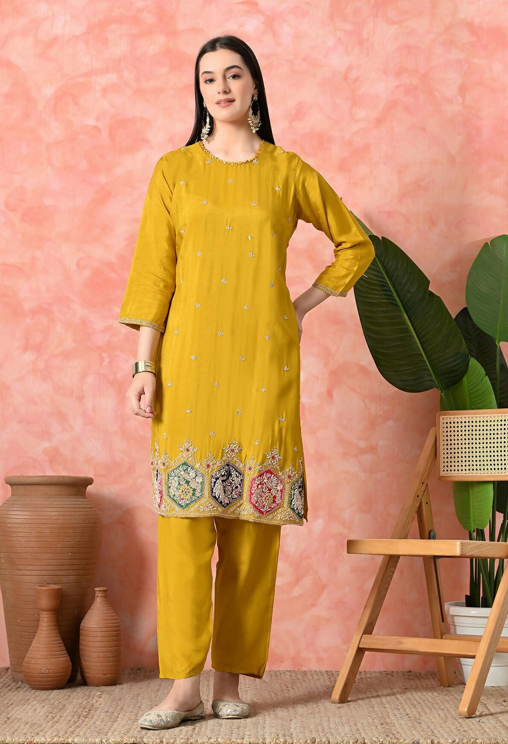 Joban Fashion Mustard Premium Pure Viscose Print Dola With Handwork Kurta Set | Grocsy