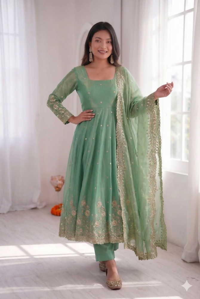 Teeya Creation Womens New Latest Trendy Elegant Pista Embroidered Anarkali Suit Set with Scalloped Dupatta | Grocsy