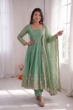 Teeya Creation Womens New Latest Trendy Elegant Pista Embroidered Anarkali Suit Set with Scalloped Dupatta | Grocsy